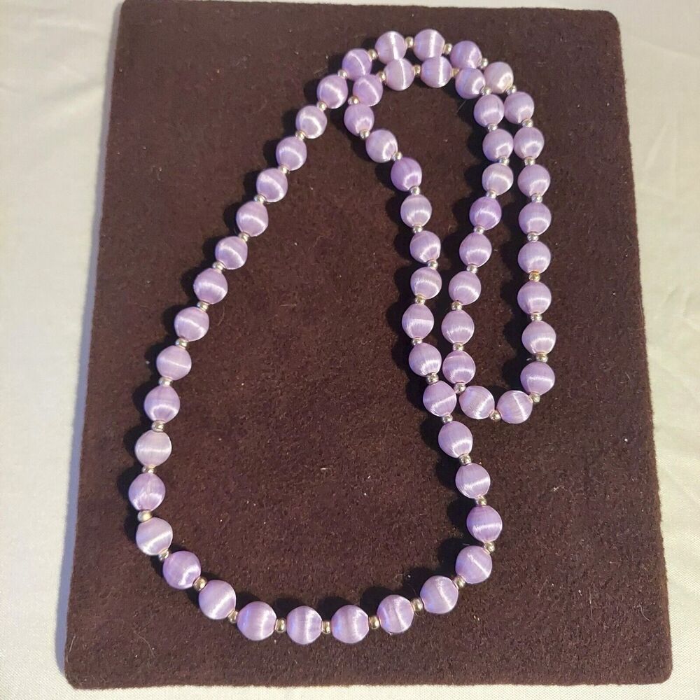 VTG Purple Silk Wrapped Beaded Necklace with Silver Color Spacers 30"